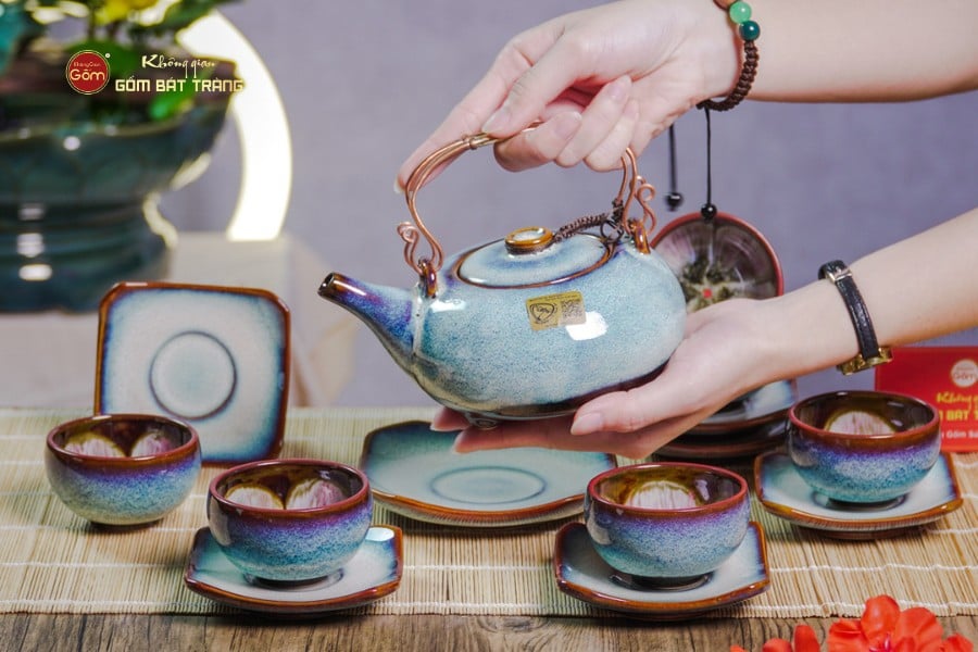 Bộ Ấm Chén Giang Tây Men Hỏa Biến Trắng Xanh