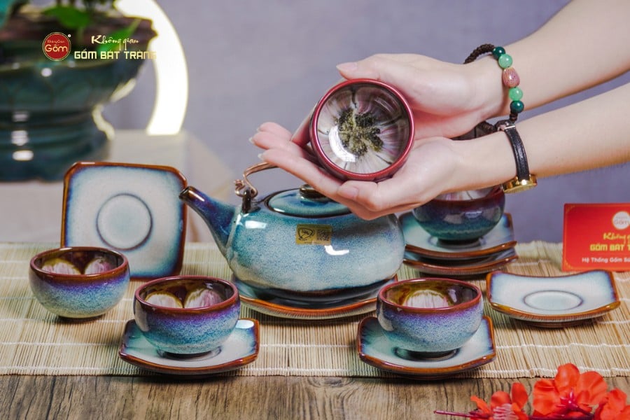 Bộ Ấm Chén Giang Tây Men Hỏa Biến Trắng Xanh