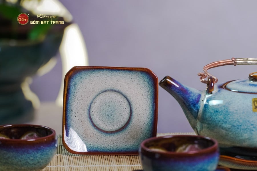 Bộ Ấm Chén Giang Tây Men Hỏa Biến Trắng Xanh