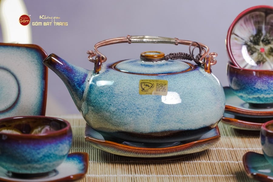 Bộ Ấm Chén Giang Tây Men Hỏa Biến Trắng Xanh