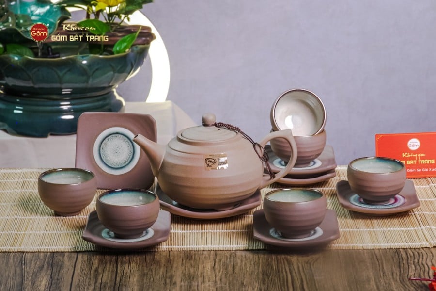Bộ Ấm Chén Gốm Đất Men Hỏa Biến Quai Sứ