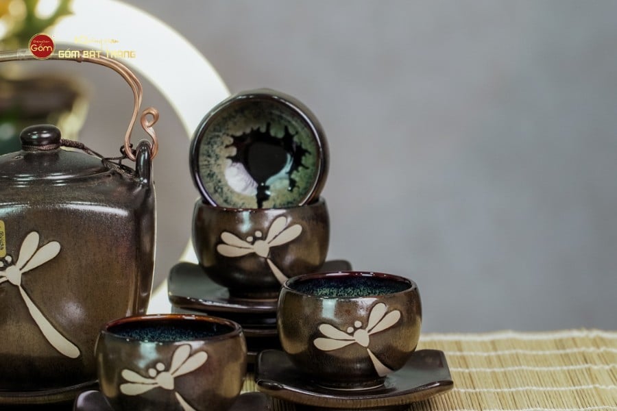 Bộ Ấm Chén Men Hỏa Biến Chuồn Chuồn Dáng Vuông