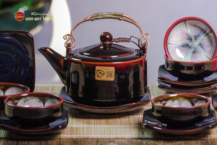 Bộ Ấm Chén Men Hỏa Biến Nâu Đen Ba Chân