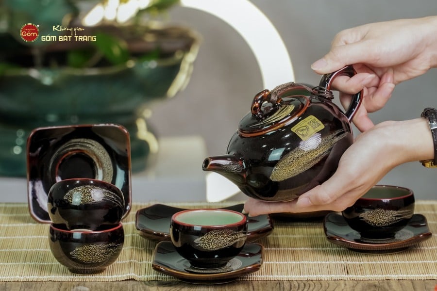 Bộ Ấm Chén Men Hỏa Biến Quét Xám Quả Hồng