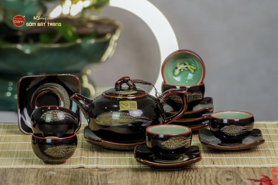 Bộ Ấm Chén Men Hỏa Biến Quét Xám Quả Hồng