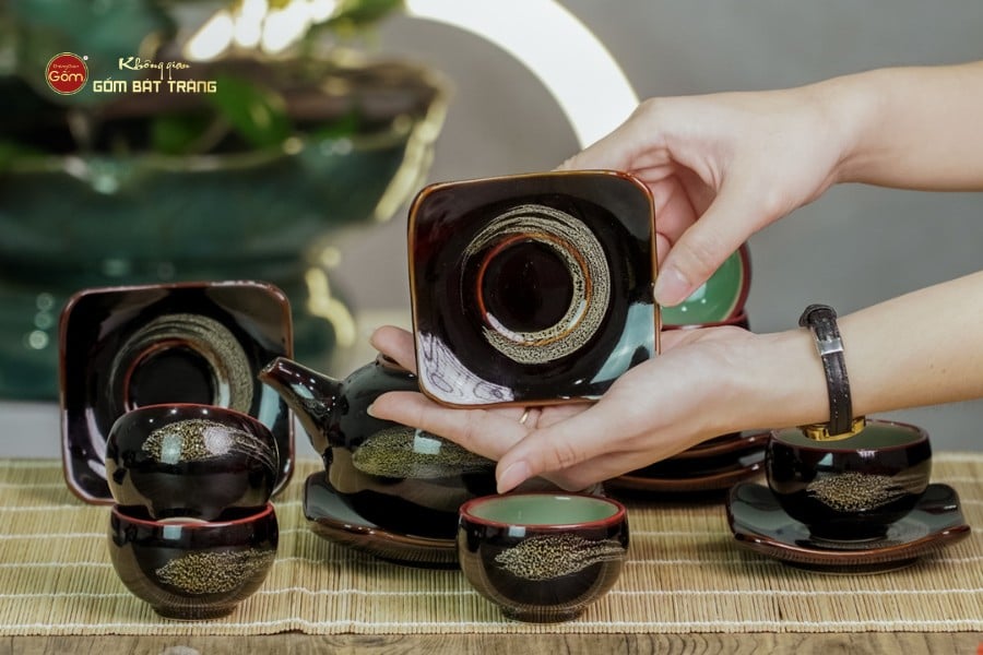 Bộ Ấm Chén Men Hỏa Biến Quét Xám Quả Hồng