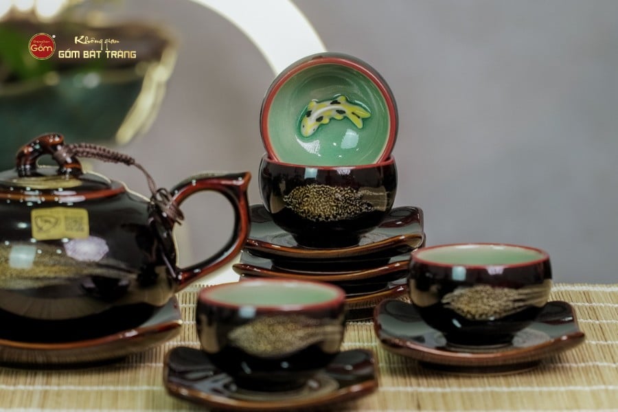 Bộ Ấm Chén Men Hỏa Biến Quét Xám Quả Hồng