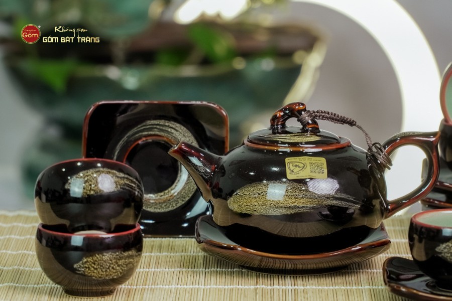 Bộ Ấm Chén Men Hỏa Biến Quét Xám Quả Hồng