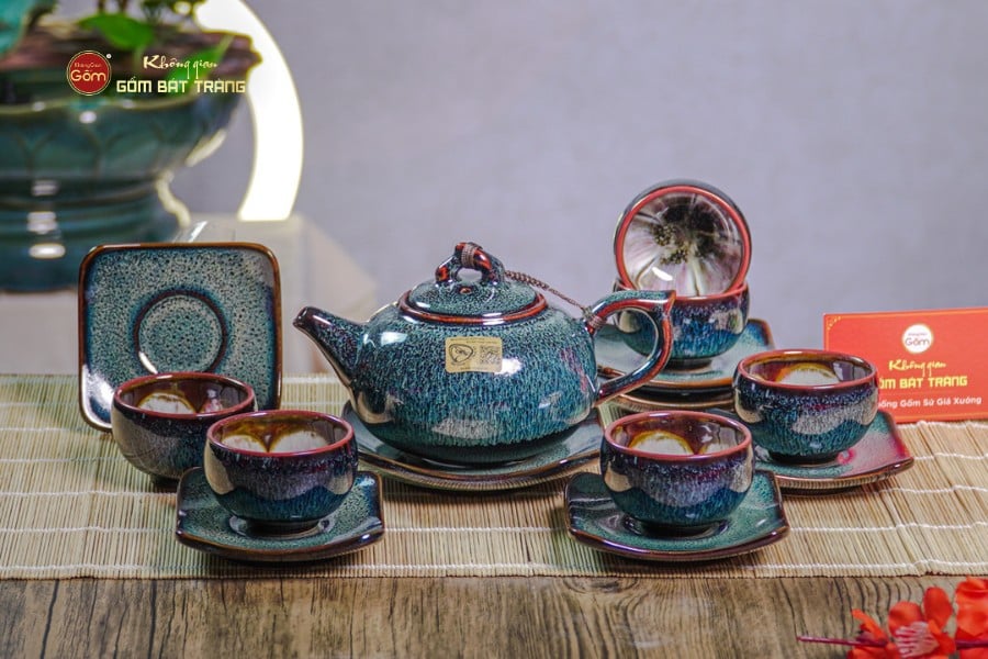 Bộ Ấm Chén Men Hỏa Biến Rêu Quả Hồng