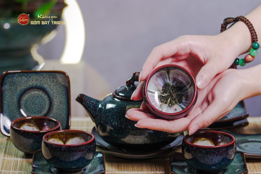 Bộ Ấm Chén Men Hỏa Biến Rêu Quả Hồng