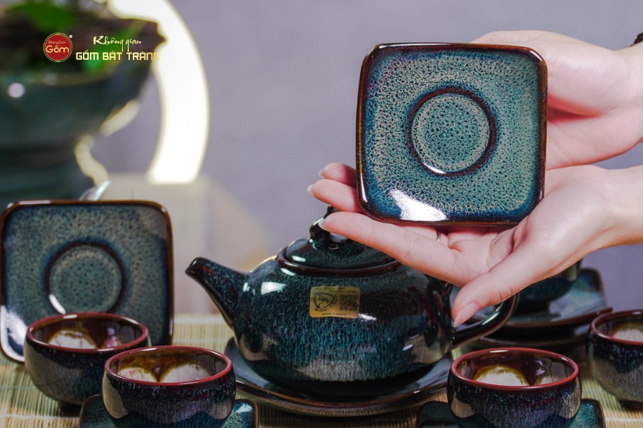 Bộ Ấm Chén Men Hỏa Biến Rêu Quả Hồng