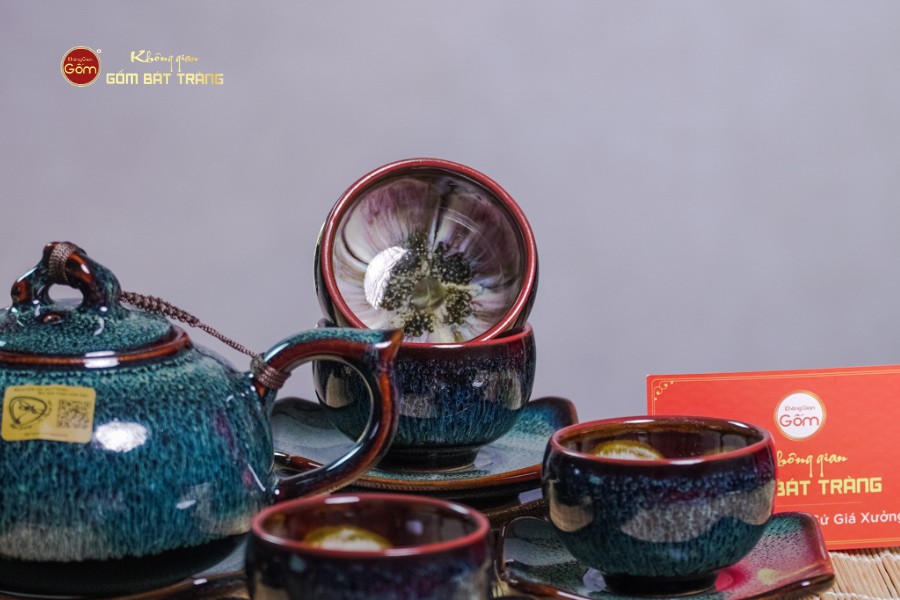 Bộ Ấm Chén Men Hỏa Biến Rêu Quả Hồng