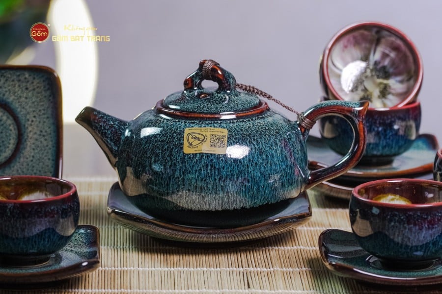 Bộ Ấm Chén Men Hỏa Biến Rêu Quả Hồng