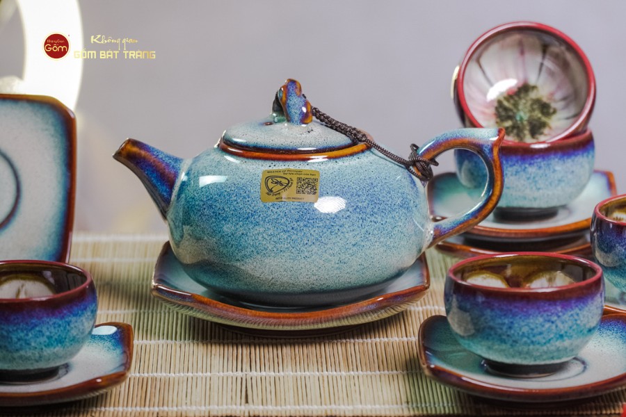 Bộ Ấm Chén Men Hỏa Biến Trắng Xanh Quả Hồng