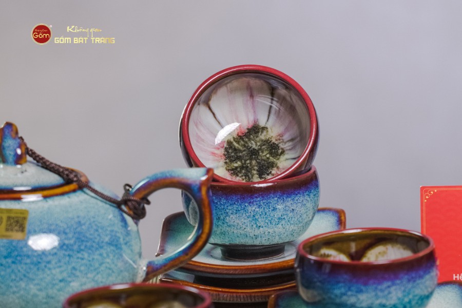 Bộ Ấm Chén Men Hỏa Biến Trắng Xanh Quả Hồng