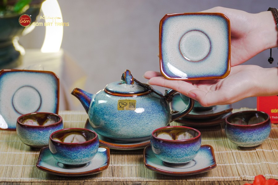 Bộ Ấm Chén Men Hỏa Biến Trắng Xanh Quả Hồng