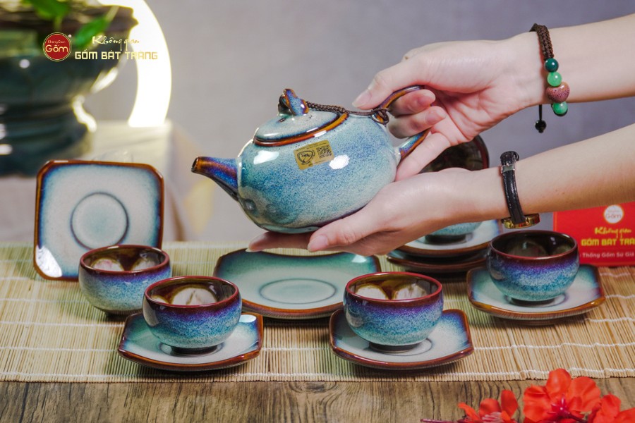 Bộ Ấm Chén Men Hỏa Biến Trắng Xanh Quả Hồng