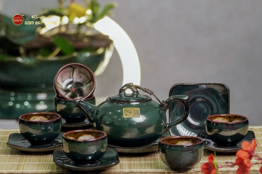 Bộ Ấm Chén Men Hỏa Biến Xanh Ngọc Quả Hồng