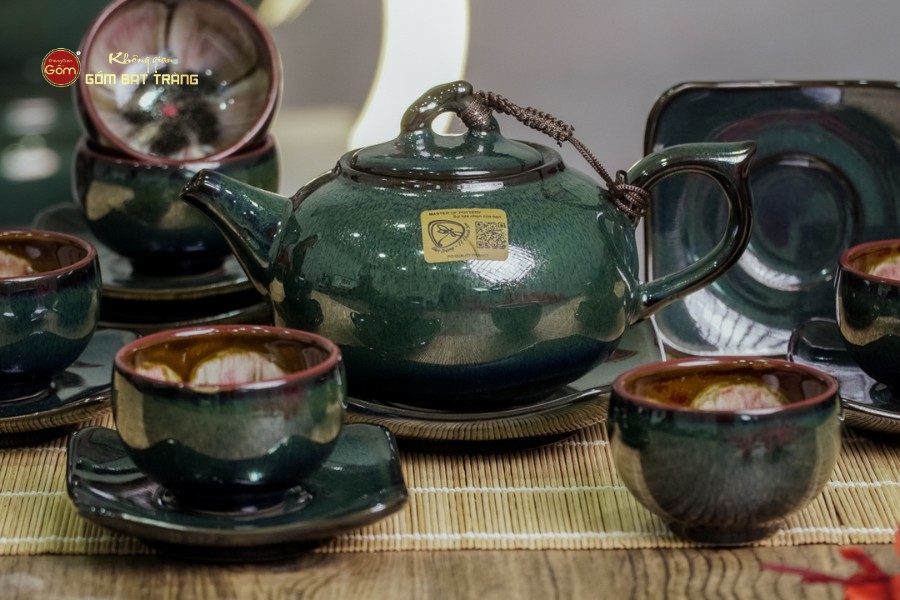 Bộ Ấm Chén Men Hỏa Biến Xanh Ngọc Quả Hồng