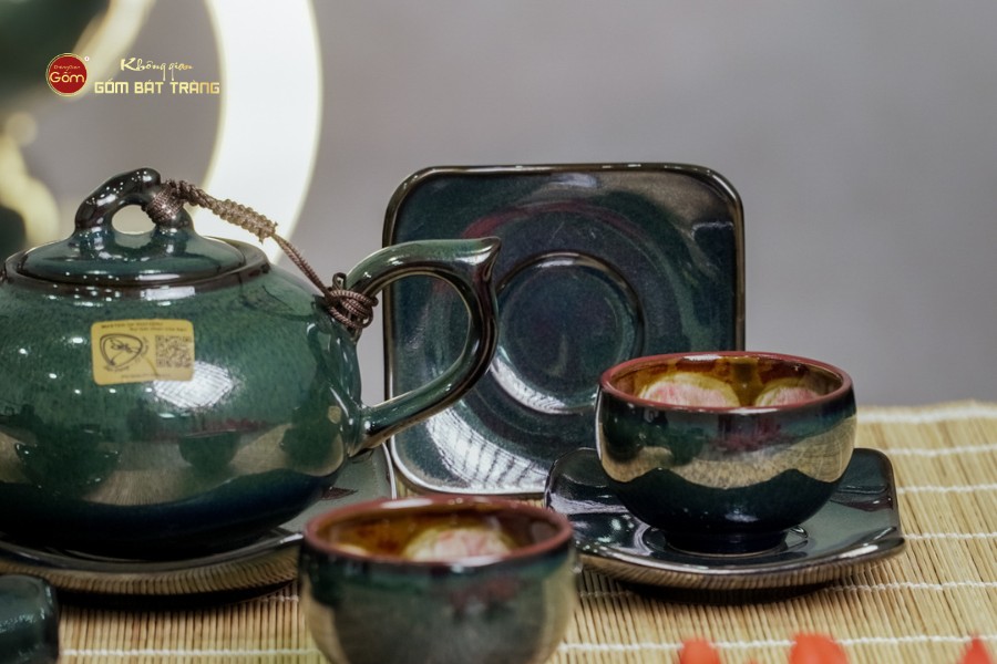 Bộ Ấm Chén Men Hỏa Biến Xanh Ngọc Quả Hồng
