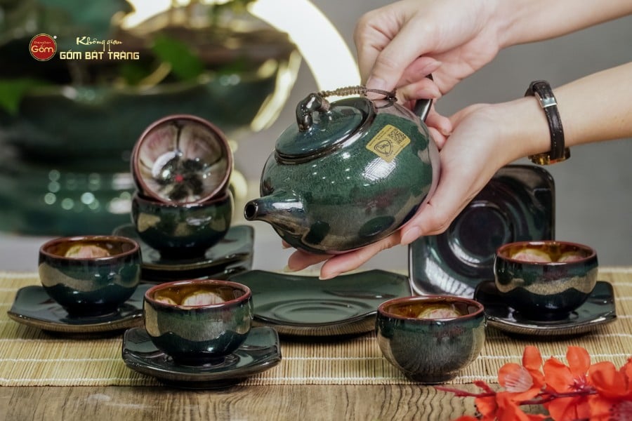 Bộ Ấm Chén Men Hỏa Biến Xanh Ngọc Quả Hồng