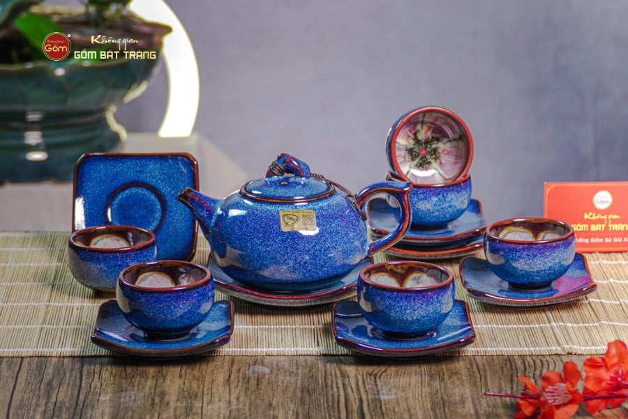 Bộ Ấm Chén Men Hỏa Biến Xanh Quả Hồng