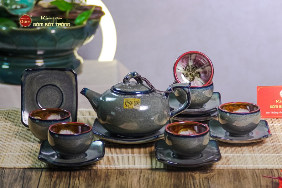 Bộ Ấm Chén Men Hỏa Biến Xanh Rêu Quả Hồng