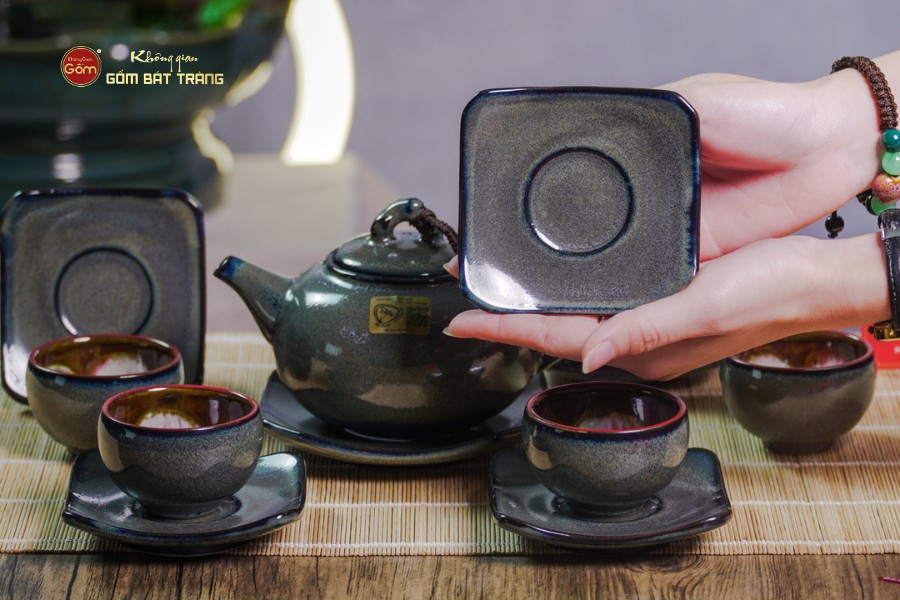 Bộ Ấm Chén Men Hỏa Biến Xanh Rêu Quả Hồng