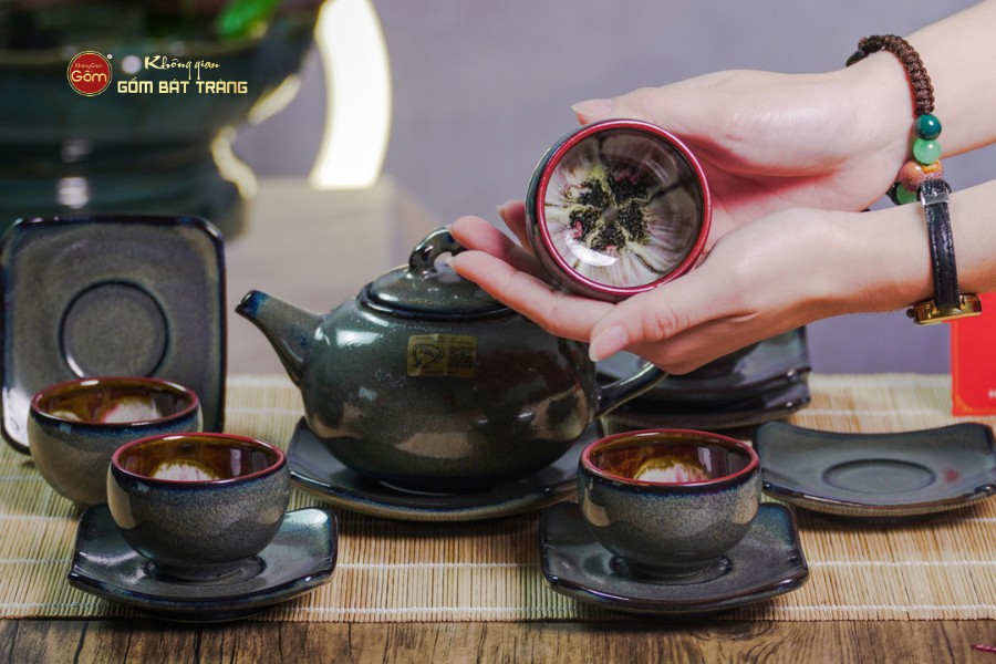 Bộ Ấm Chén Men Hỏa Biến Xanh Rêu Quả Hồng