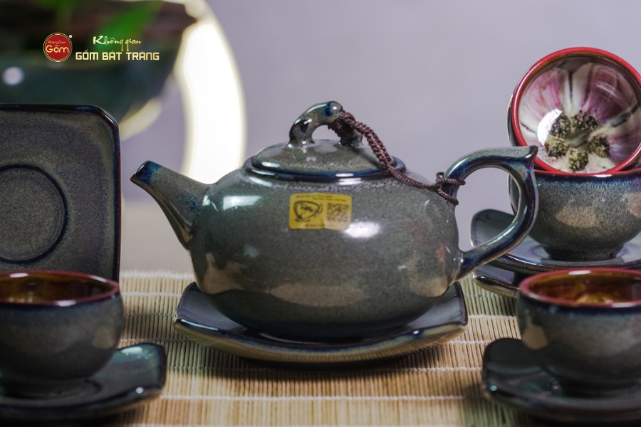 Bộ Ấm Chén Men Hỏa Biến Xanh Rêu Quả Hồng