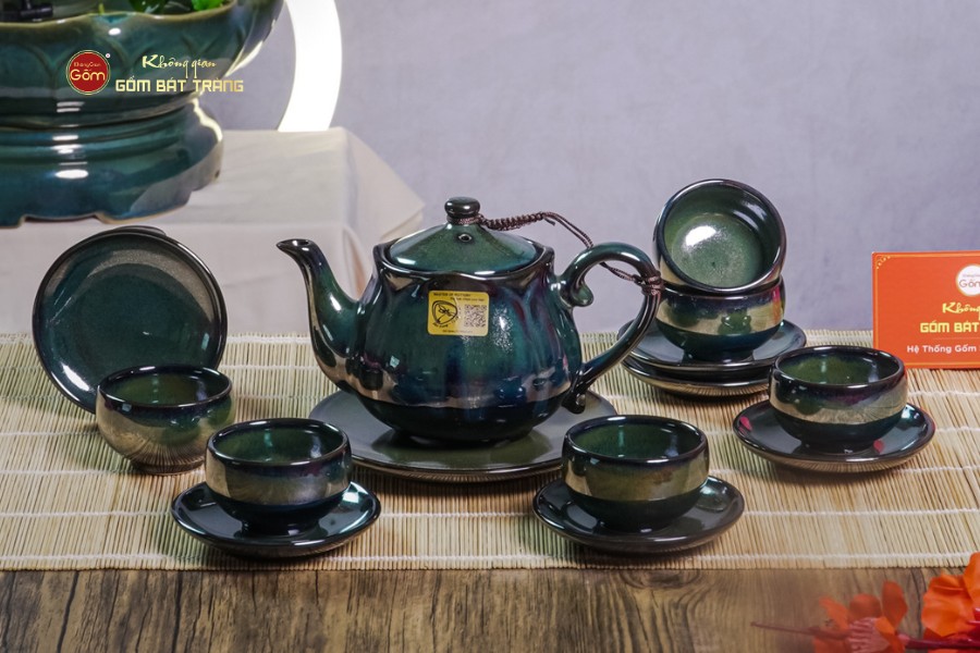 Bộ Ấm Chén Men Hỏa Biến Xanh Rêu Sen Ngọc Thỏ