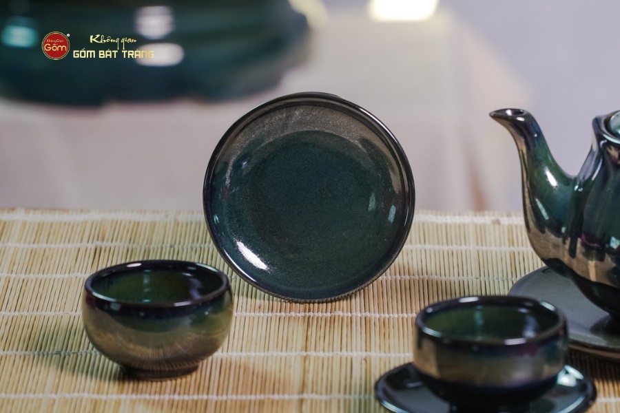Bộ Ấm Chén Men Hỏa Biến Xanh Rêu Sen Ngọc Thỏ