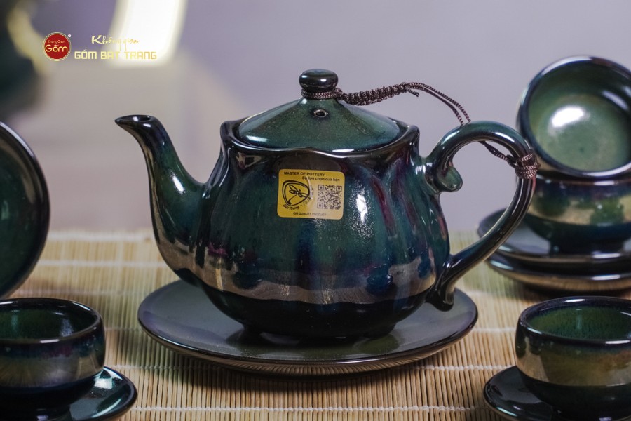 Bộ Ấm Chén Men Hỏa Biến Xanh Rêu Sen Ngọc Thỏ