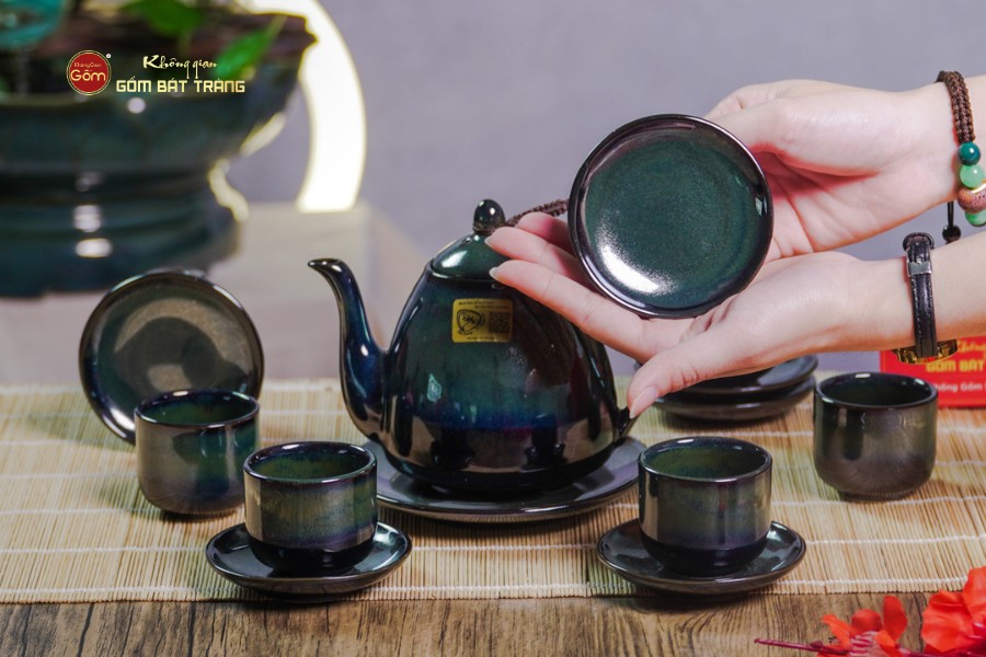 Bộ Ấm Chén Rêu Men Hỏa Biến Thỏ Ngọc