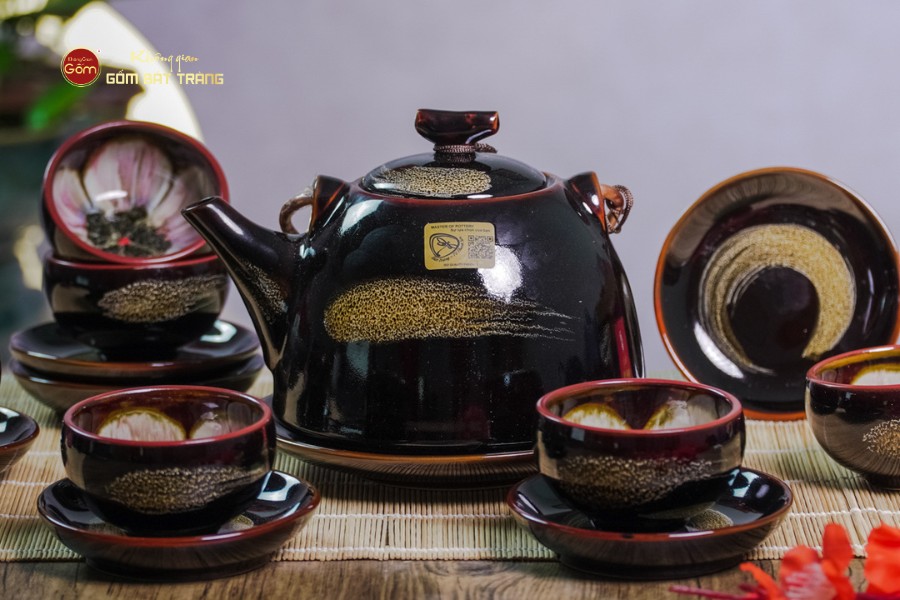 Bộ Ấm Chén Siêu Men Hỏa Biến Quét Xám