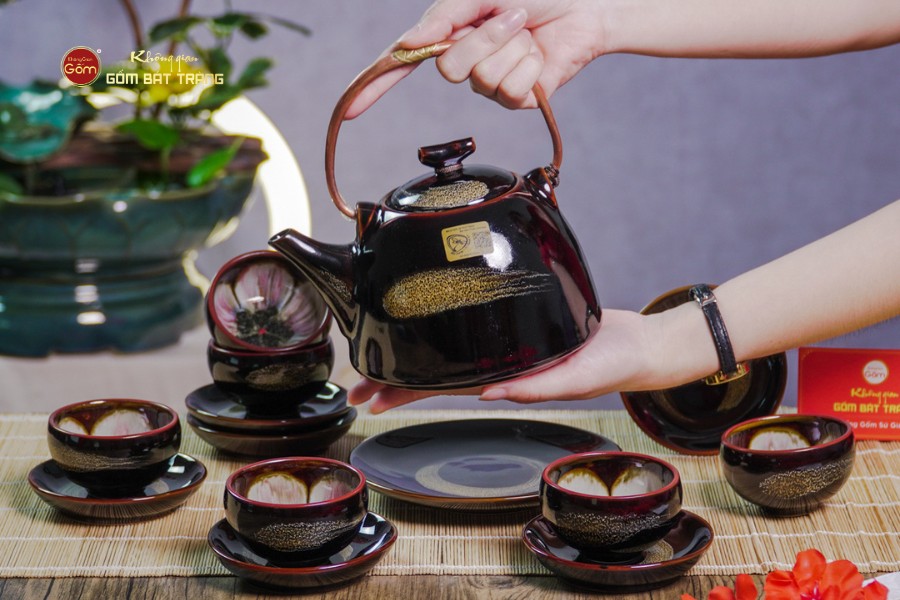 Bộ Ấm Chén Siêu Men Hỏa Biến Quét Xám