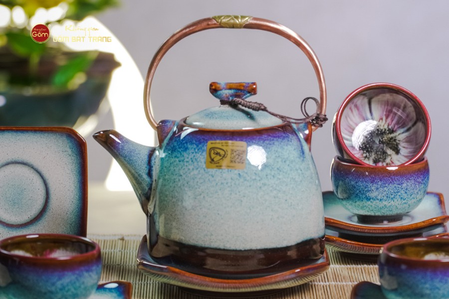 Bộ Ấm Chén Siêu Men Hỏa Biến Trắng Xanh Lòng Hoa