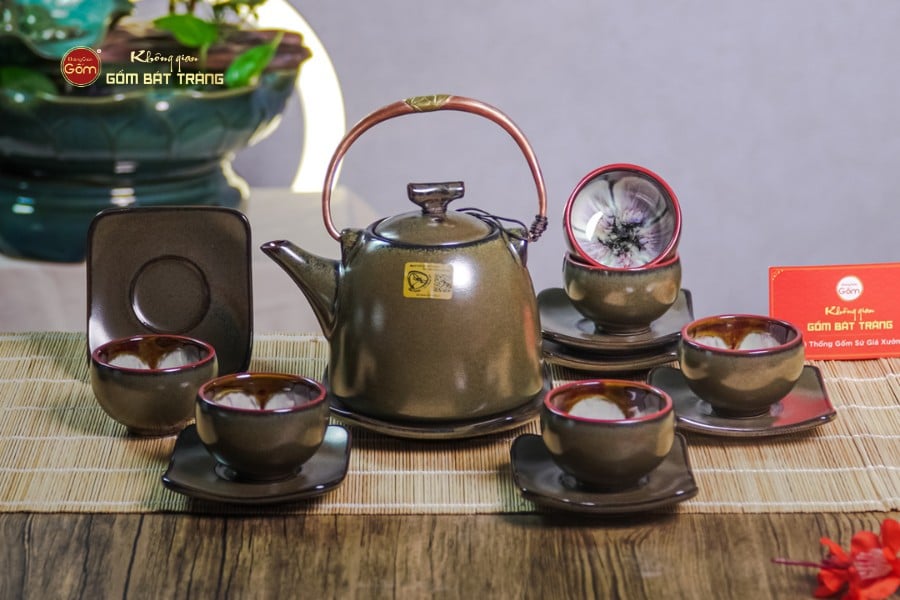 Bộ Ấm Chén Siêu Men Hỏa Biến Xanh Ngọc Lòng Hoa