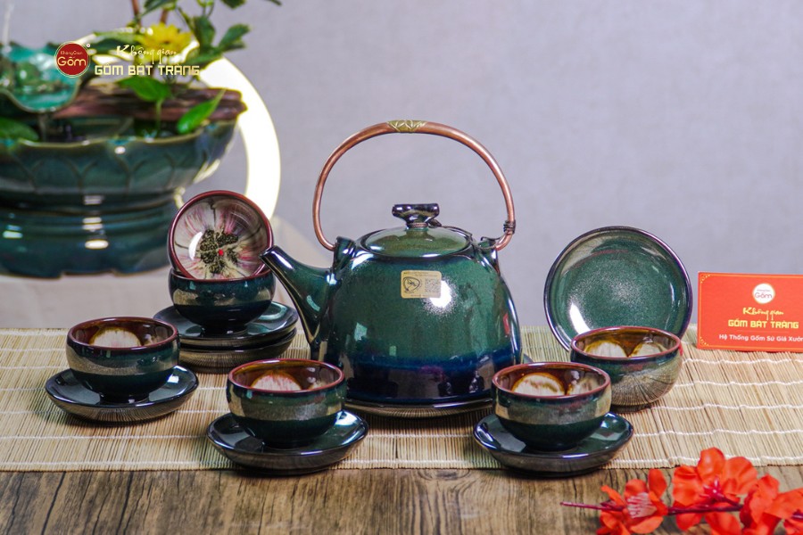 Bộ Ấm Chén Siêu Men Hỏa Biến Xanh Xám