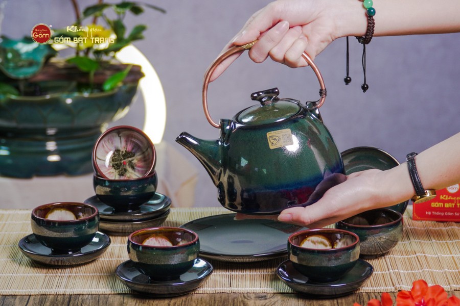Bộ Ấm Chén Siêu Men Hỏa Biến Xanh Xám