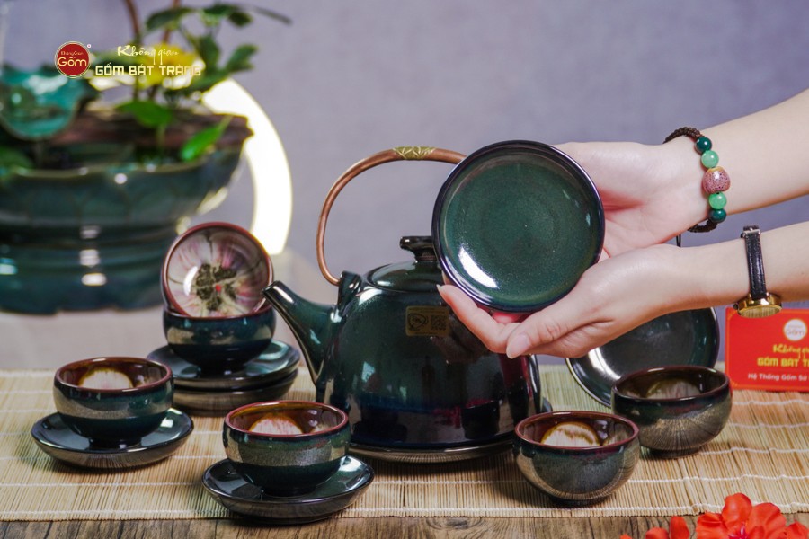 Bộ Ấm Chén Siêu Men Hỏa Biến Xanh Xám