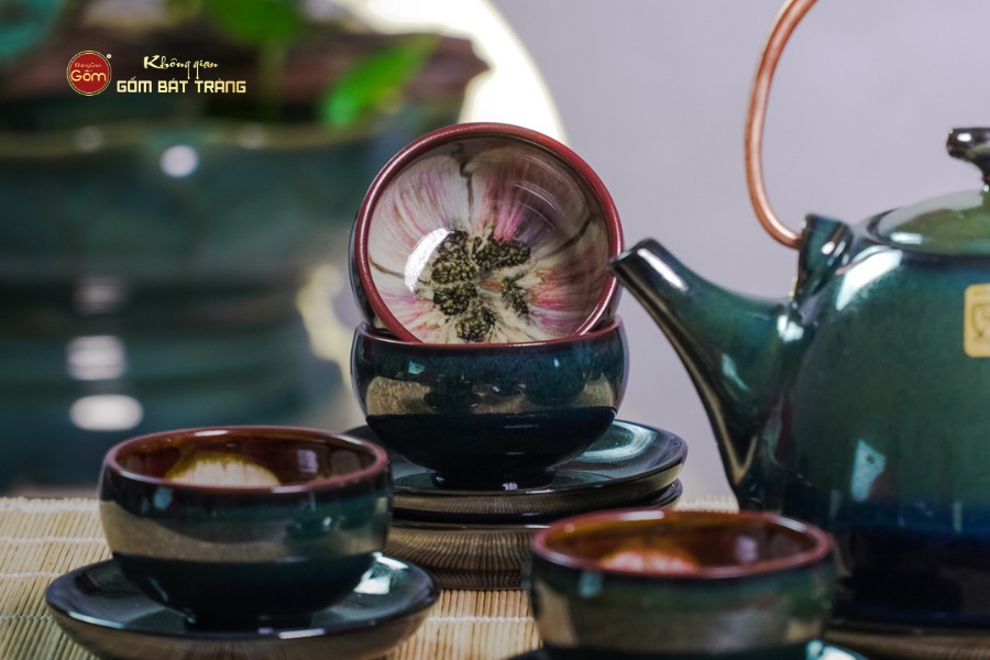 Bộ Ấm Chén Siêu Men Hỏa Biến Xanh Xám