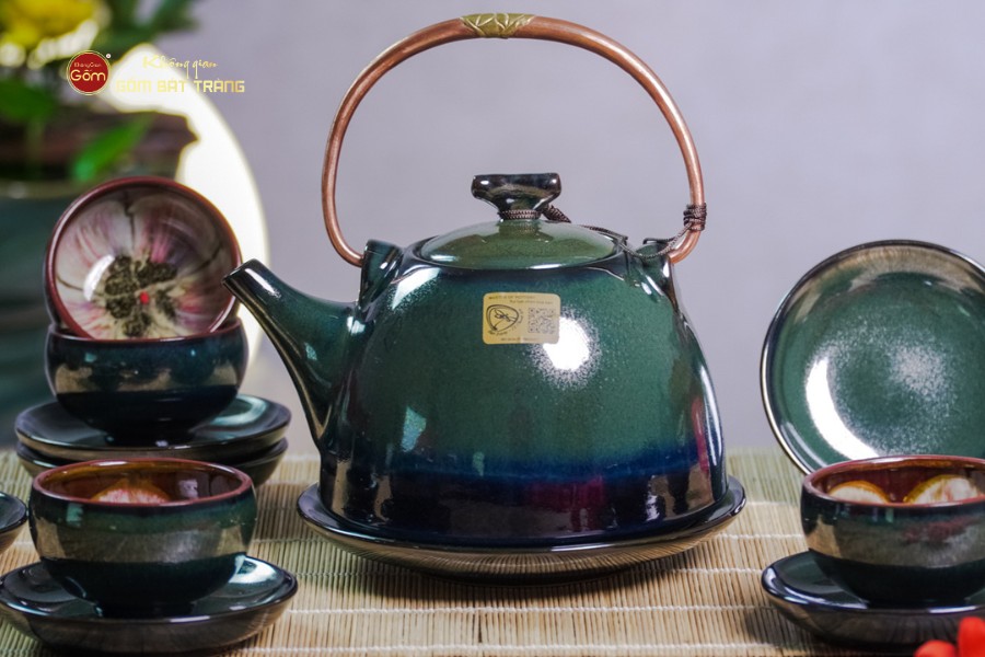 Bộ Ấm Chén Siêu Men Hỏa Biến Xanh Xám