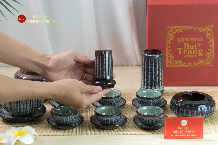 Bộ Ấm Chén Tròn Múi Chén Xanh Ngọc