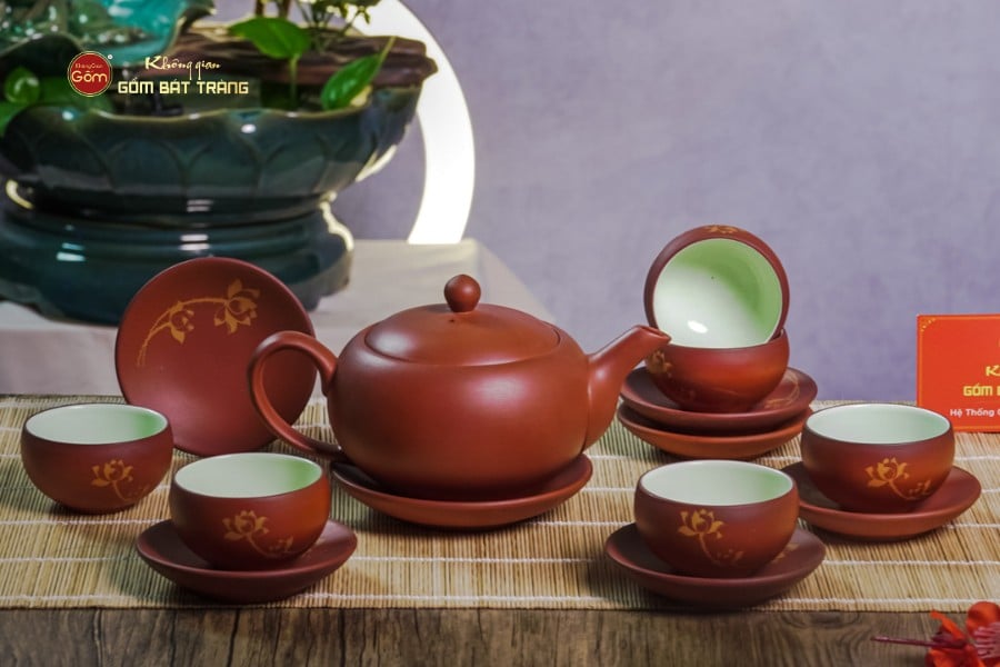 Bộ Ấm Trà Tử Sa Đỏ Son Sen Vàng