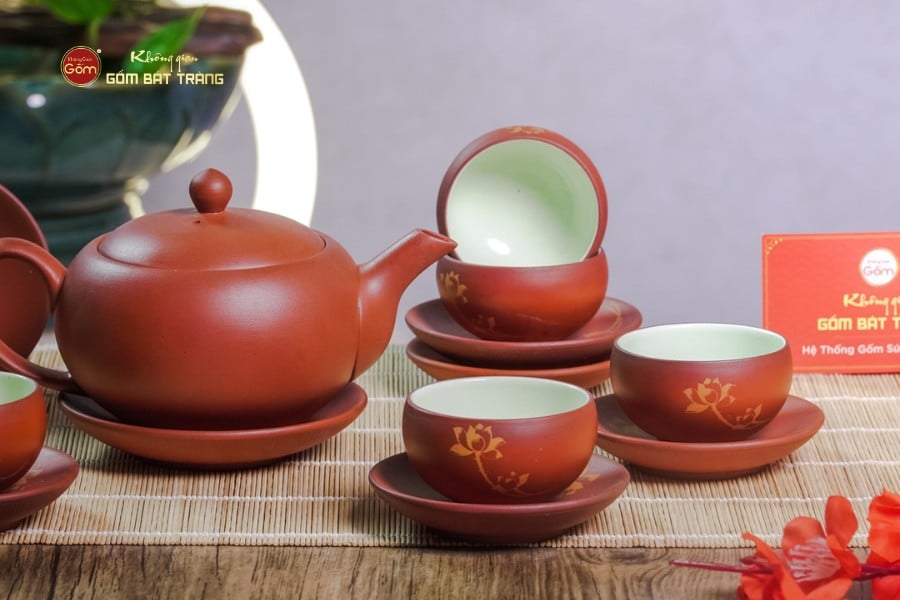 Bộ Ấm Trà Tử Sa Đỏ Son Sen Vàng