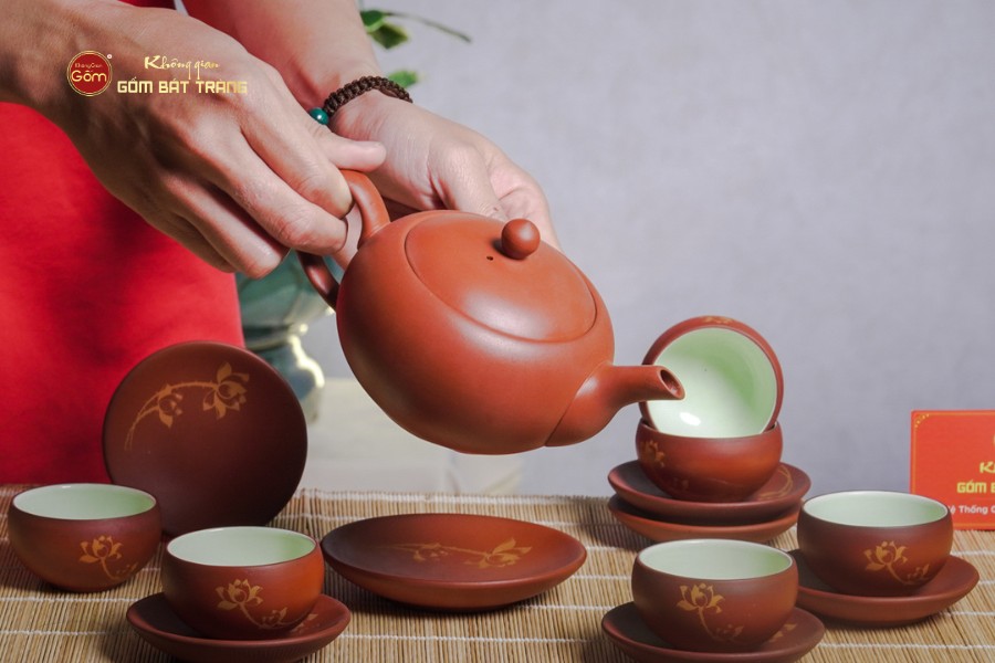 Bộ Ấm Trà Tử Sa Đỏ Son Sen Vàng