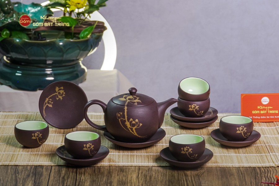 Bộ Ấm Trà Tử Sa Nâu Sen Vàng