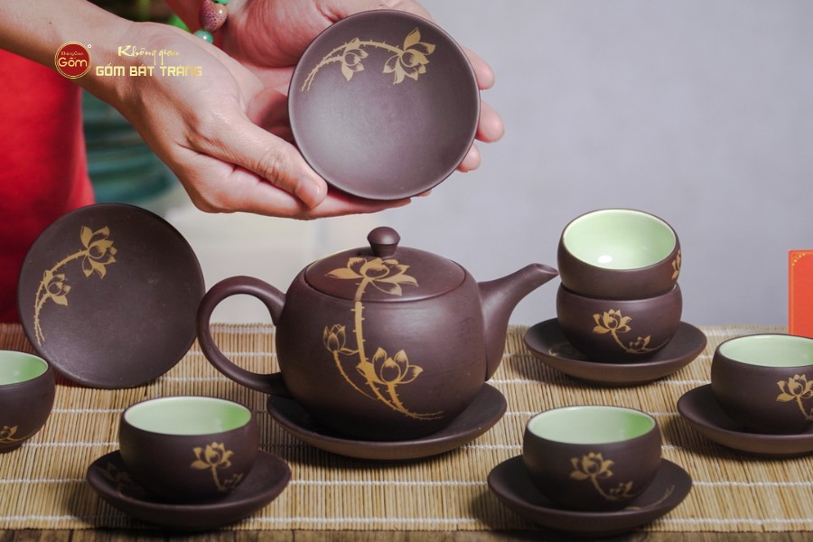 Bộ Ấm Trà Tử Sa Nâu Sen Vàng
