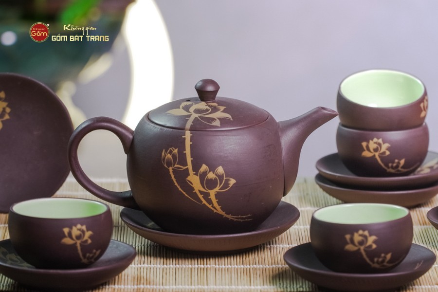 Bộ Ấm Trà Tử Sa Nâu Sen Vàng
